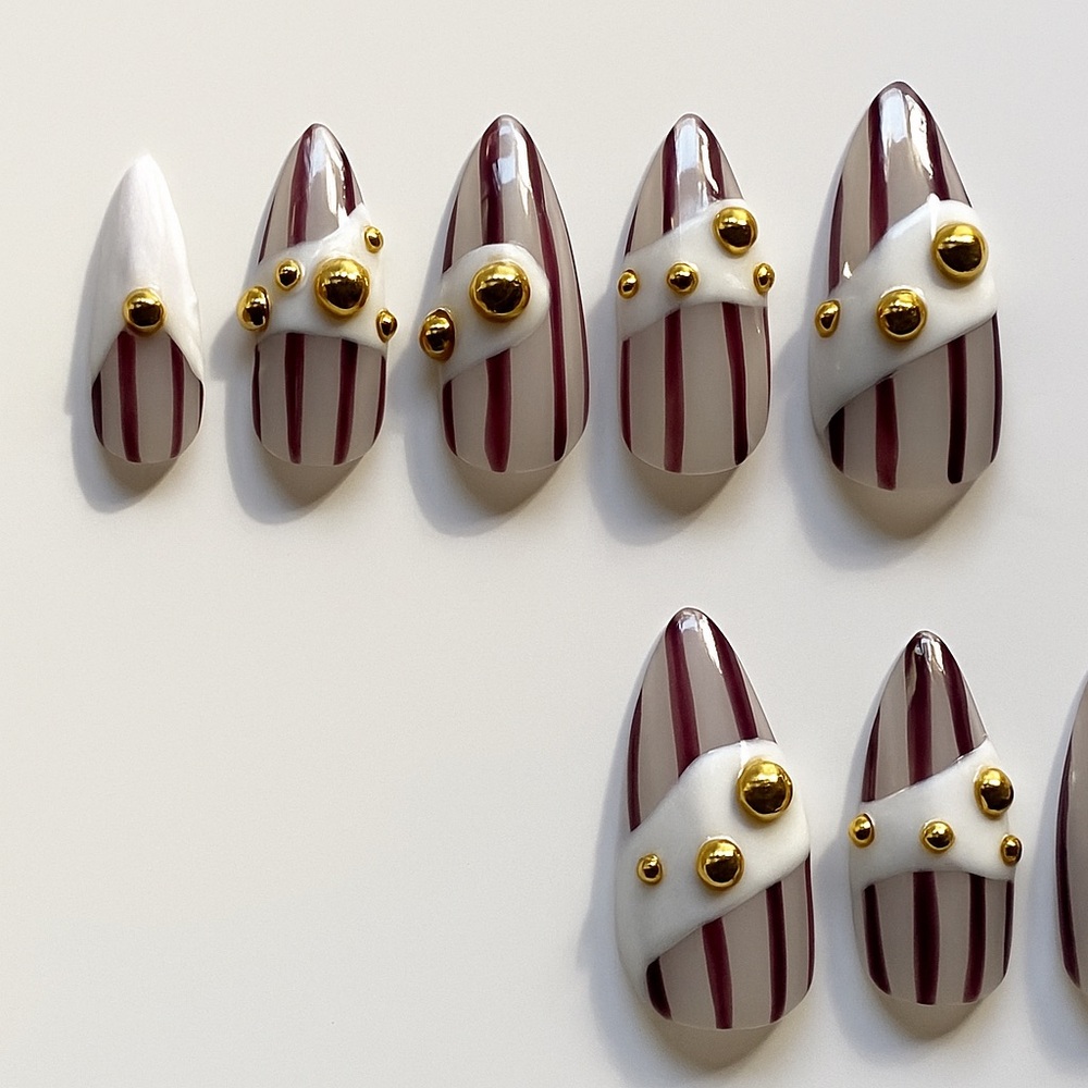 Handmade Striped Nail Set with Gold Accents